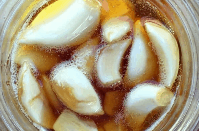 garlic and raw honey fermenting in a mason jar