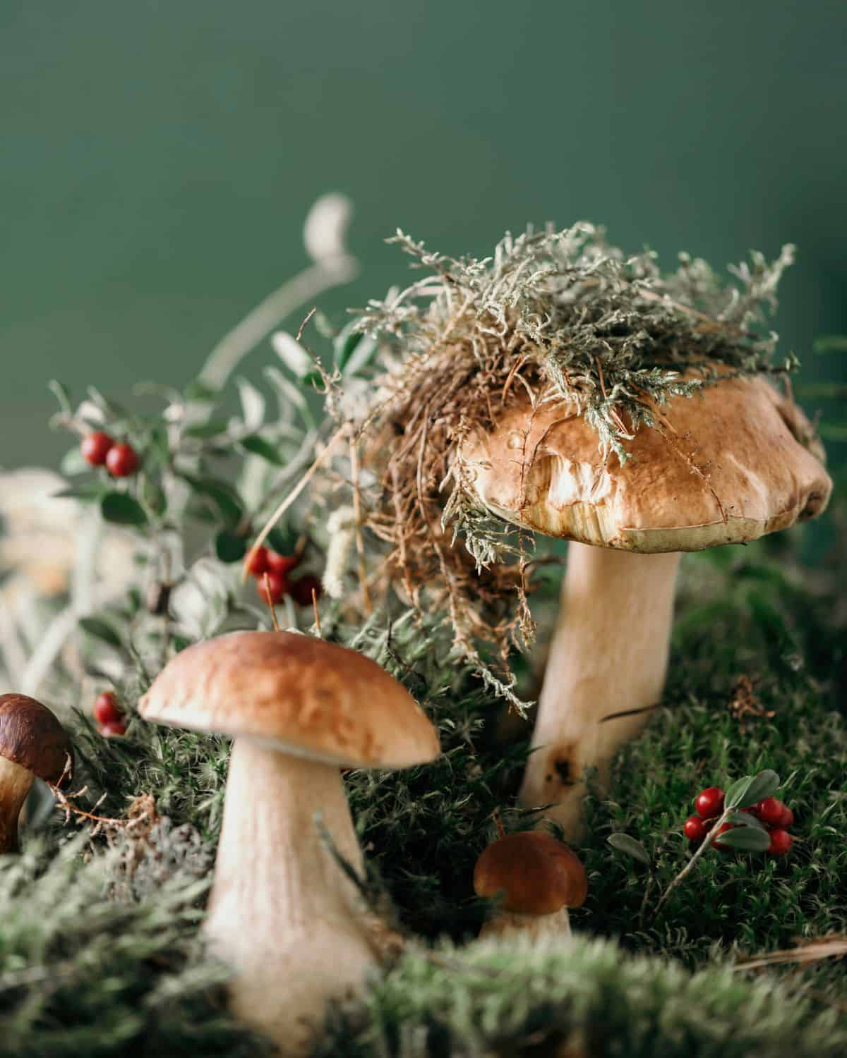 Natural mushroom holiday decorations. 