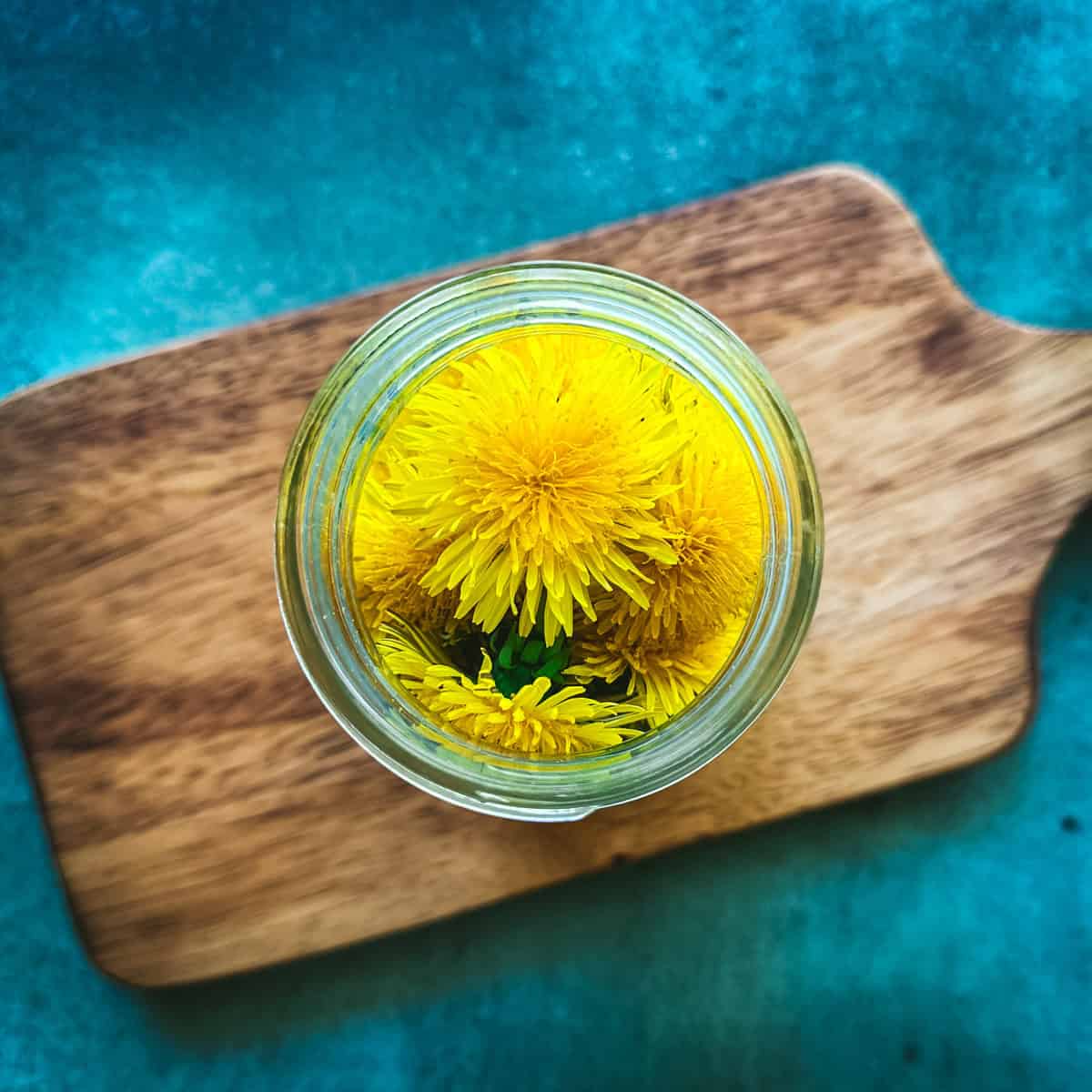 A jar of dandelions on a wood cutting board with a teal background, top view. 