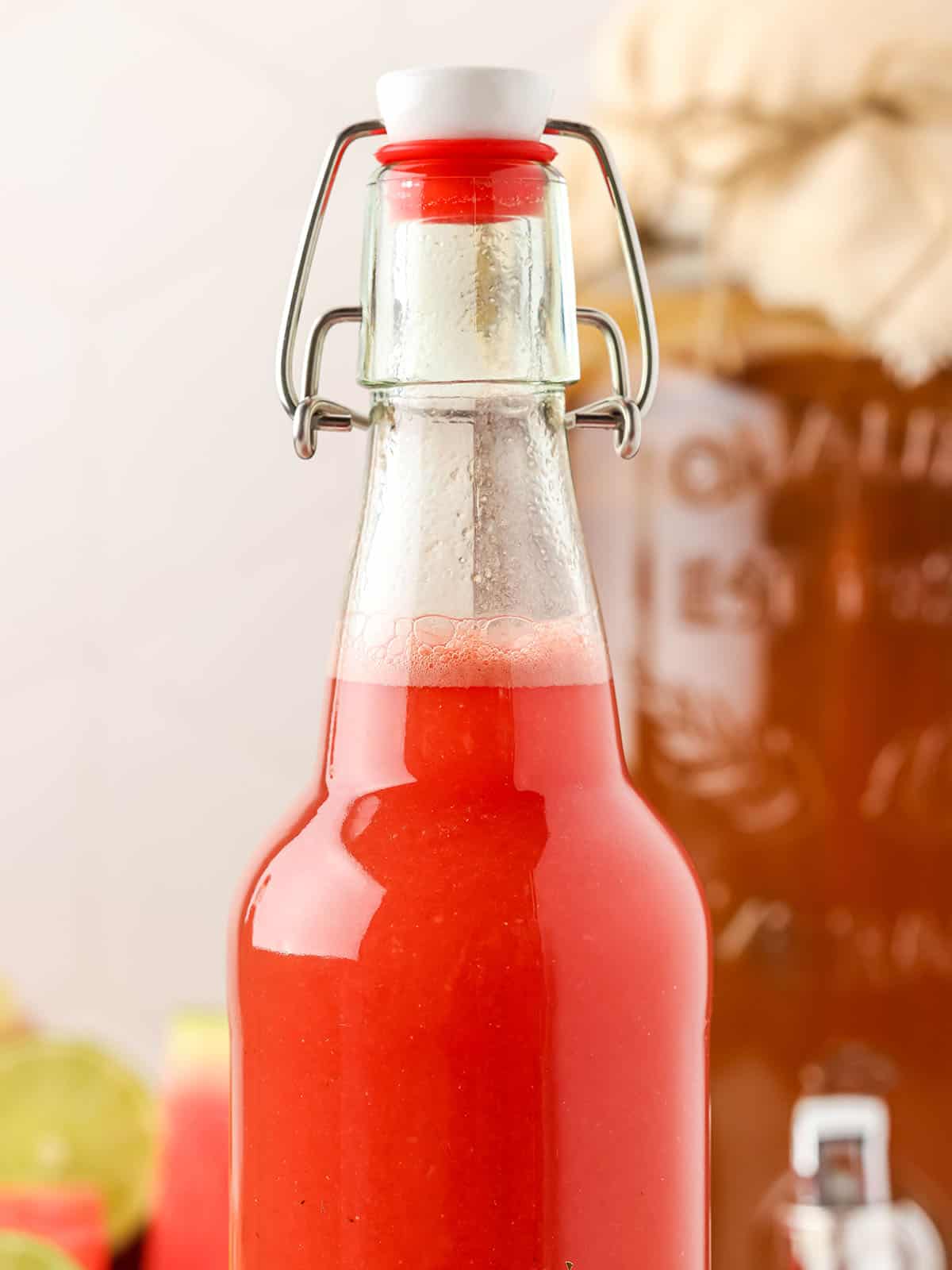 A bottle of watermelon kombucha with a closed flip top lid. 