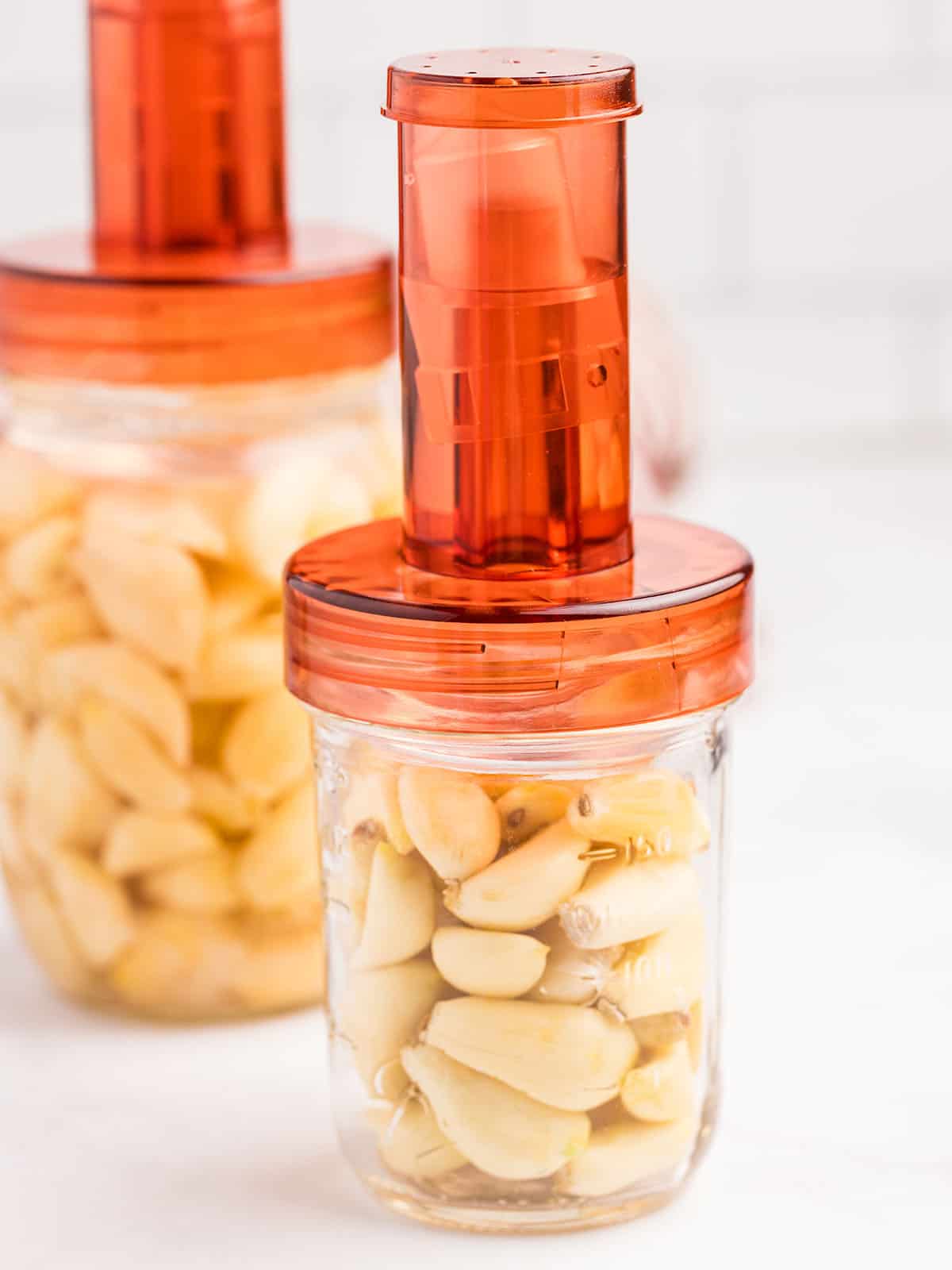 Jars of garlic with orange airlock lids on top, with a white background. 