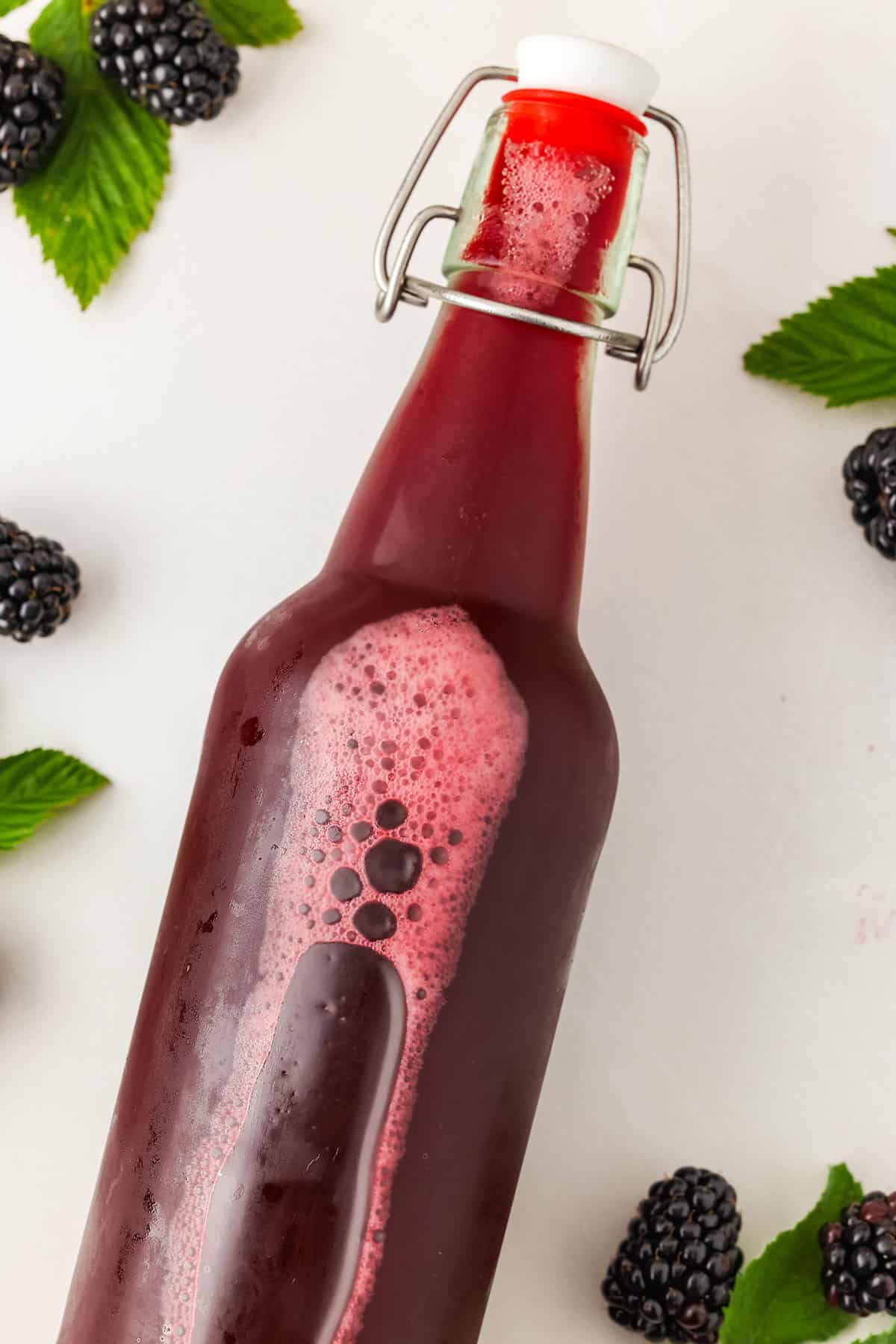 A bottle of blackberry kombucha on it's side, on a white surface surrounded with fresh mint and blackberries. 