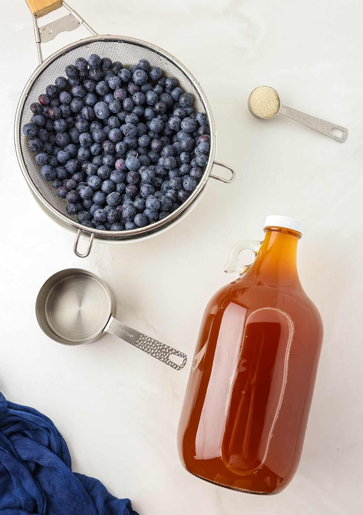 Blueberry kombucha ingredients on a white countertop, top view. 