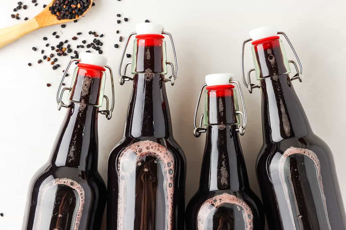 Elderberry kombucha in closed flip top bottles on their sides surrounded by dried elderberries. 