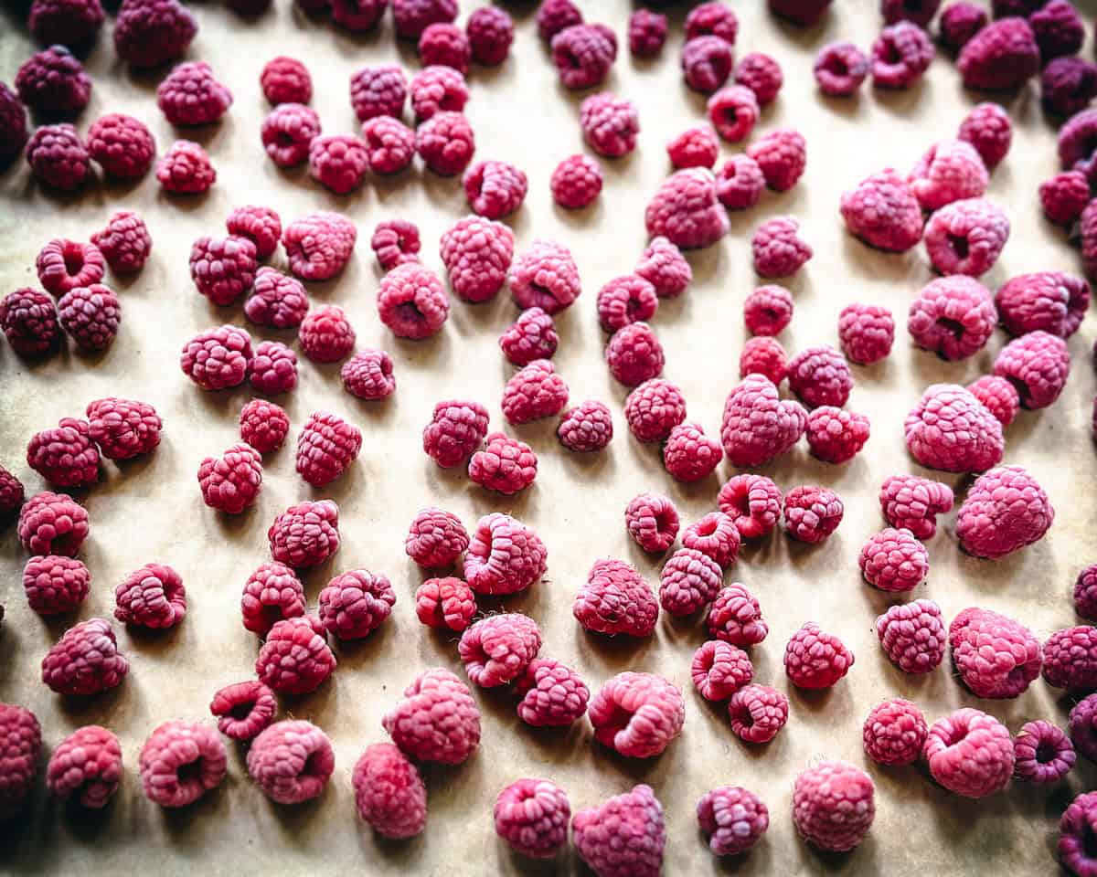 Frozen raspberries on a sheet pan lined with parchment paper, top view. 