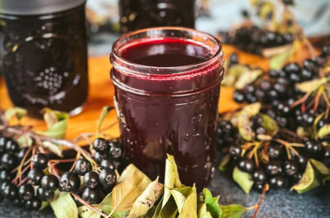 A dark purple oxymel in a jar with aronia berries and leaves surrounding.