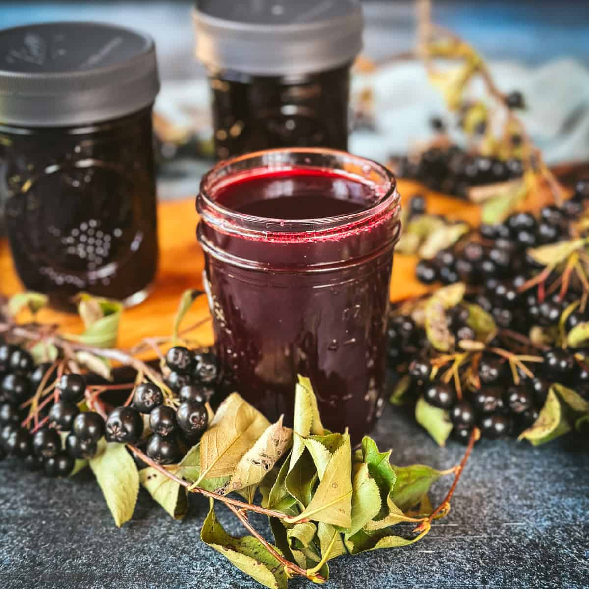 A dark purple oxymel in a jar with aronia berries and leaves surrounding.