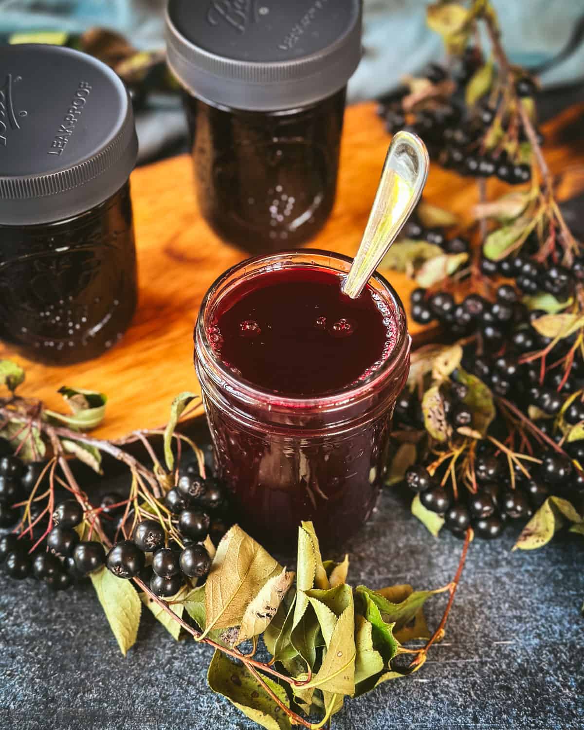 A jar of aronia oxymel with a spoon stirring it, with 2 closed jars in the background, surrounded by fresh aronia branches. 