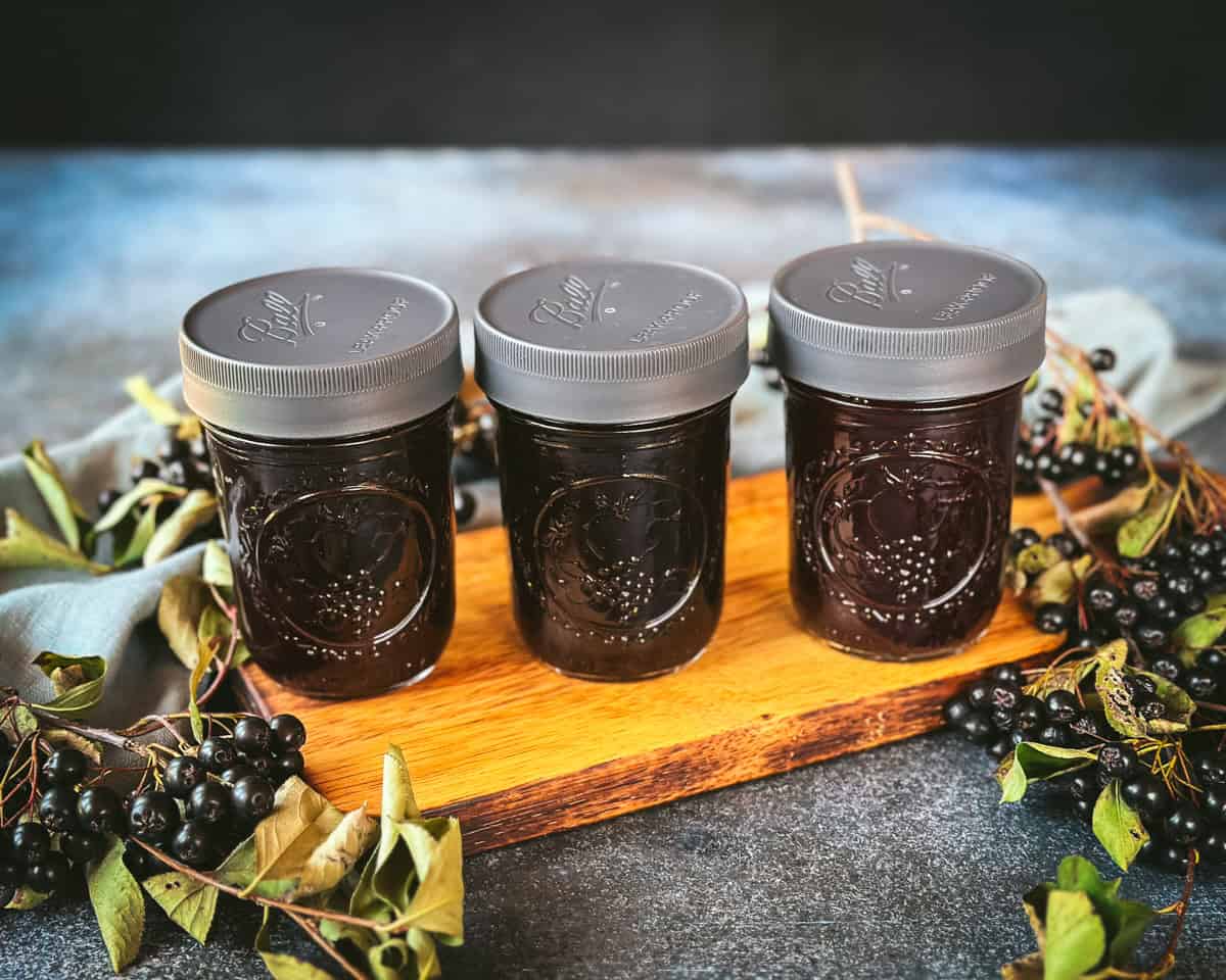 Three half pint jars of aronia oxymel with lids on them, on a wood cutting board, surrounded by aronia branches with leaves and berries. 