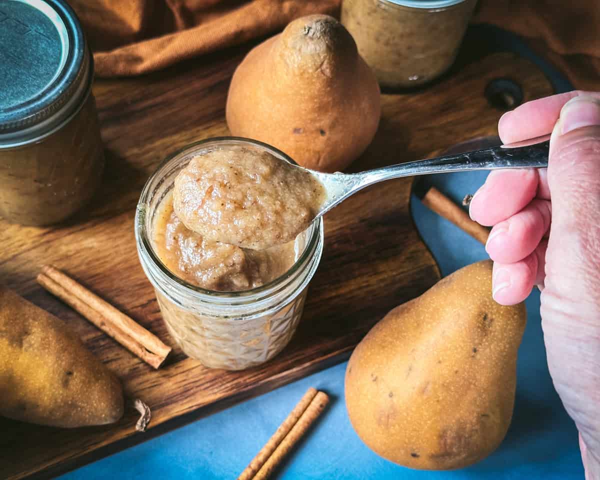 A spoonful of pear butter lifting out of a jar, top view. 