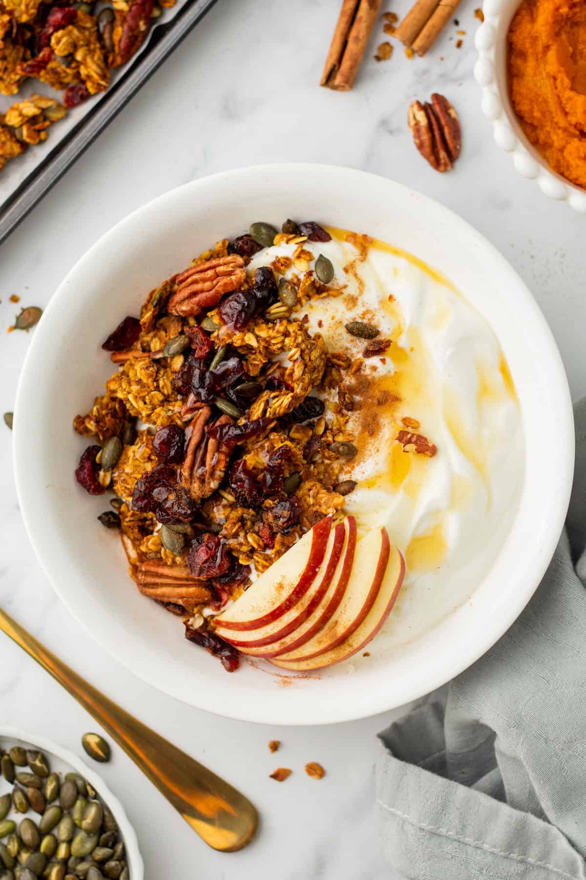 A white bowl of yogurt with pumpkin granola and sliced apples on top, top view. 