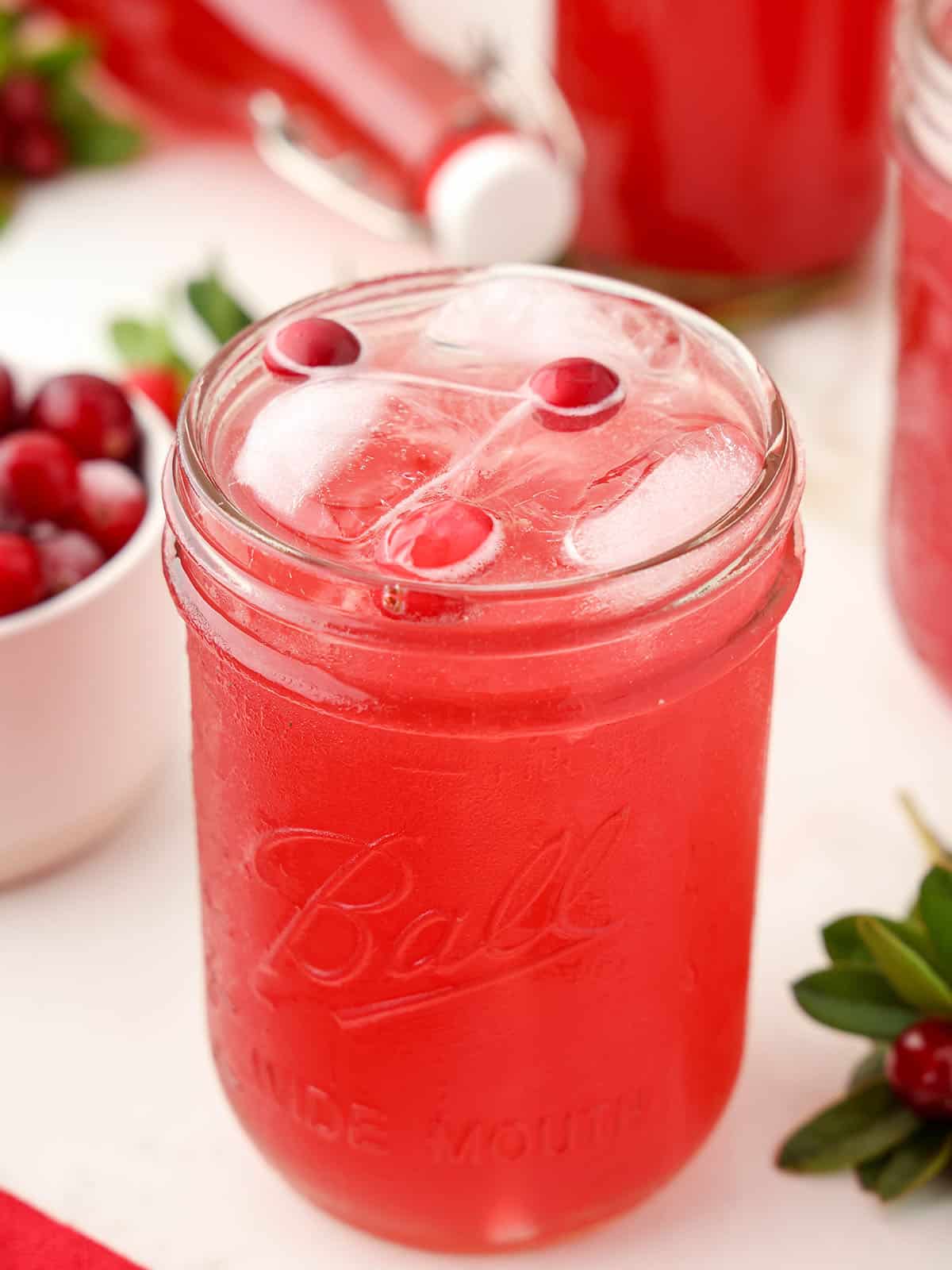 Cranberry kombucha in a glass with ice and fresh cranberries garnishing.